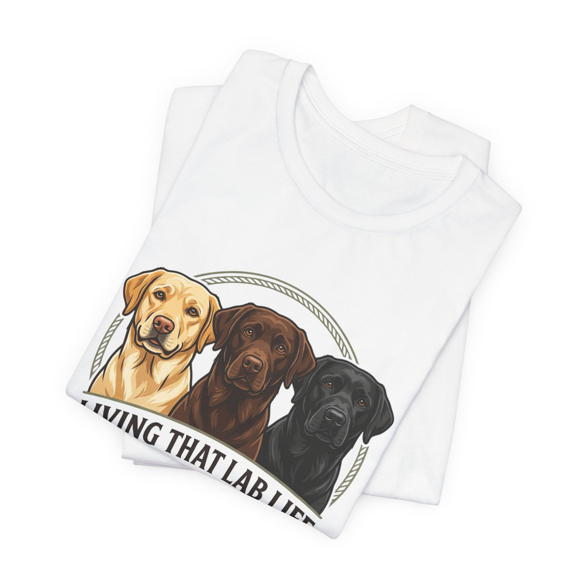 T-shirt "Living That Lab Life" — Tee-shirt à motif Labrador jaune, chocolat et noir