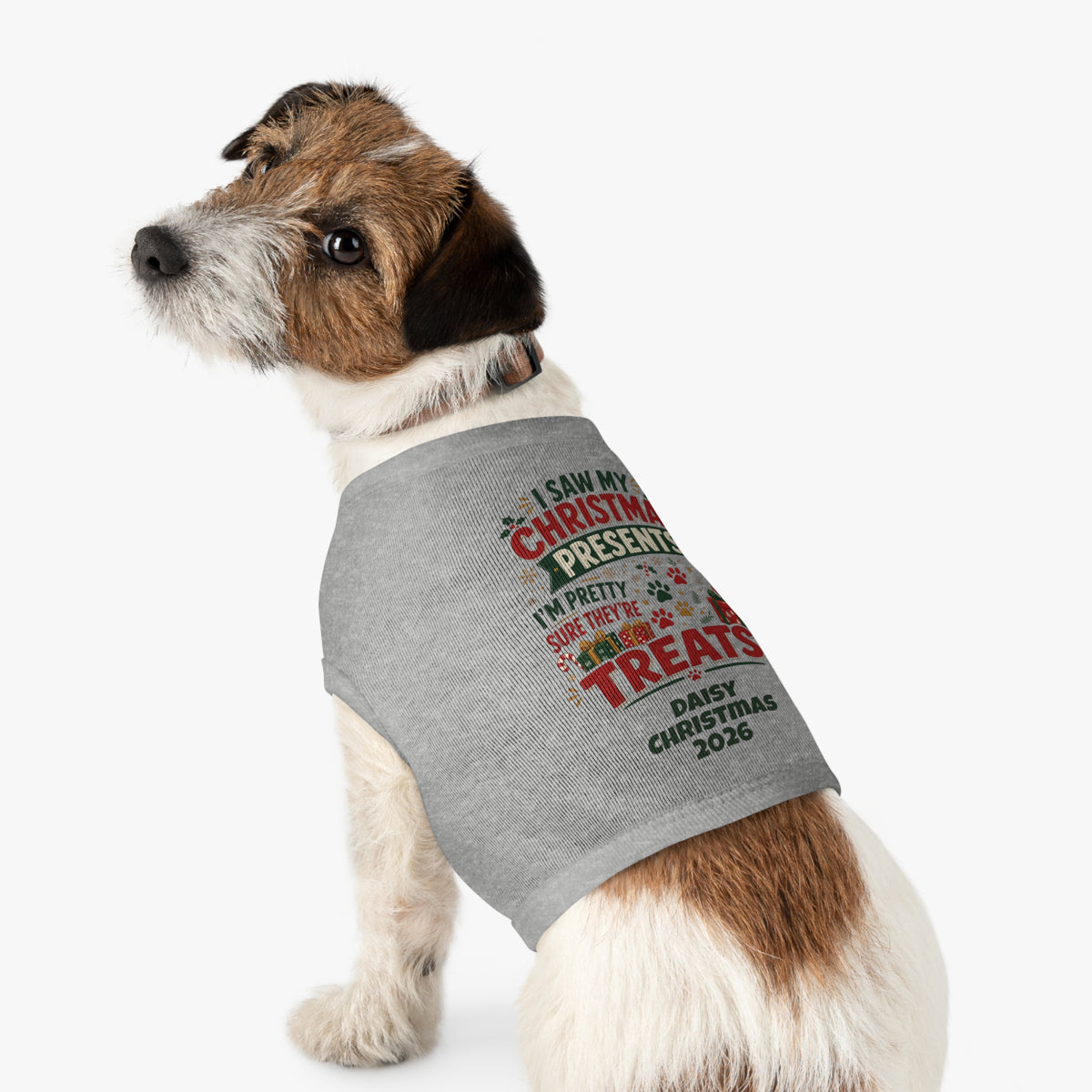 Pet Top — "I Saw My Christmas Presents... Treats!" Personalized Dog Christmas Tank (Custom Name & Year)