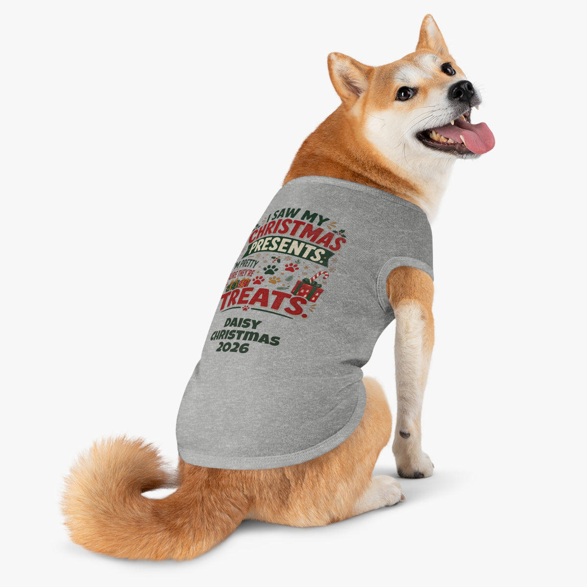 Pet Top — "I Saw My Christmas Presents... Treats!" Personalized Dog Christmas Tank (Custom Name & Year)