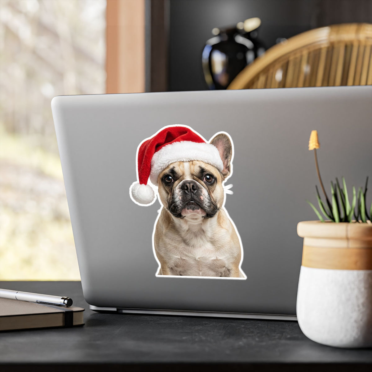 Personalized Dog Christmas Sticker — Santa Hat Kiss-Cut Vinyl Decal