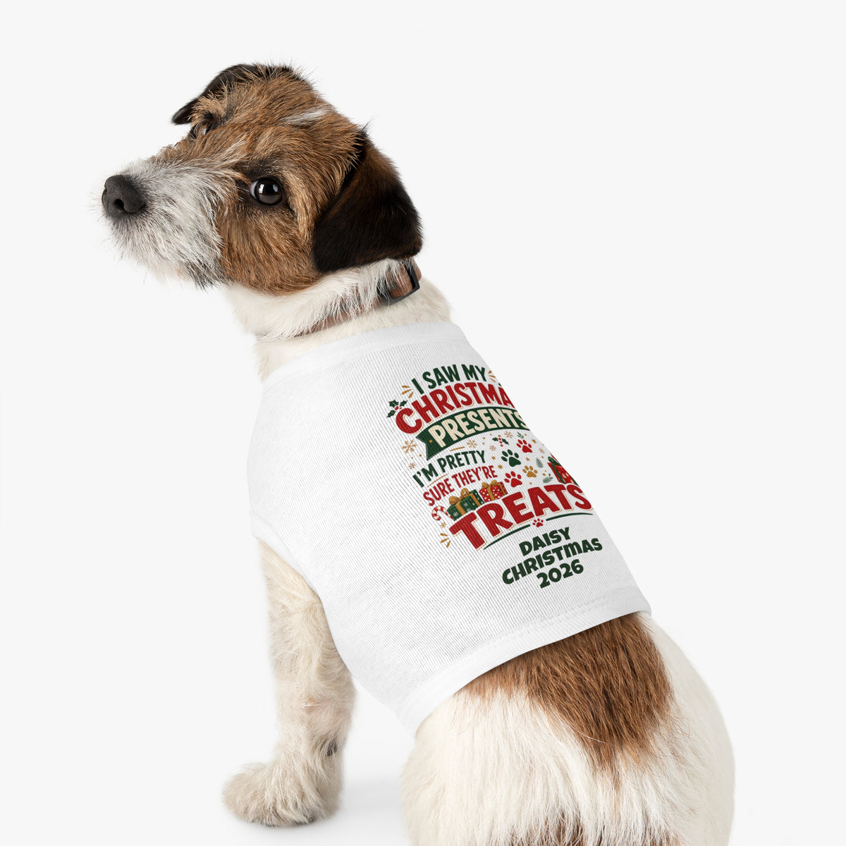 Pet Top — "I Saw My Christmas Presents... Treats!" Personalized Dog Christmas Tank (Custom Name & Year)