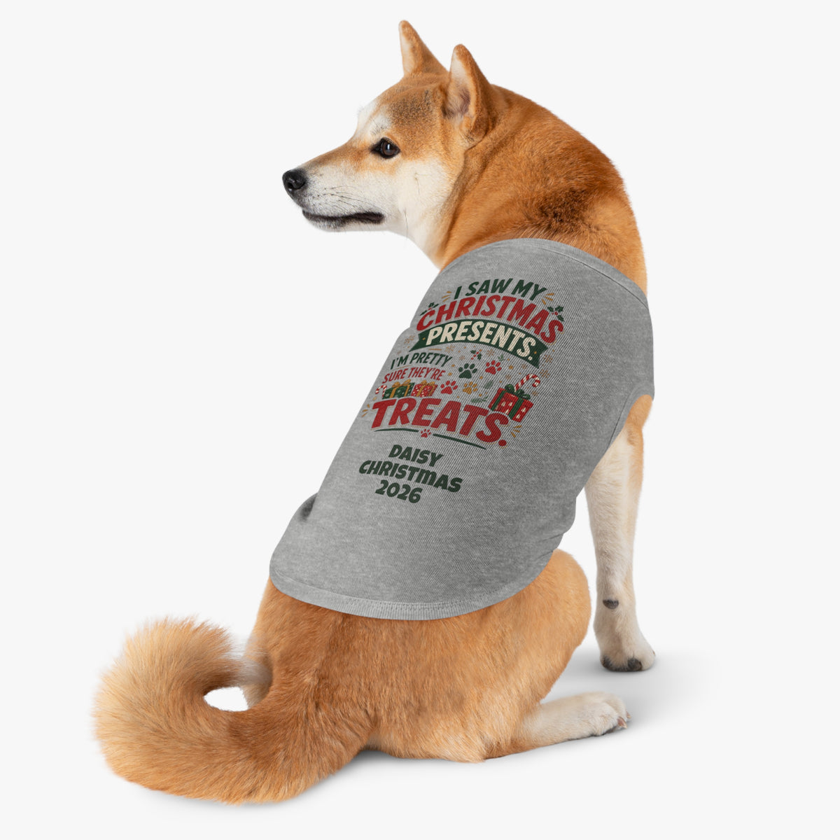 Pet Top — "I Saw My Christmas Presents... Treats!" Personalized Dog Christmas Tank (Custom Name & Year)