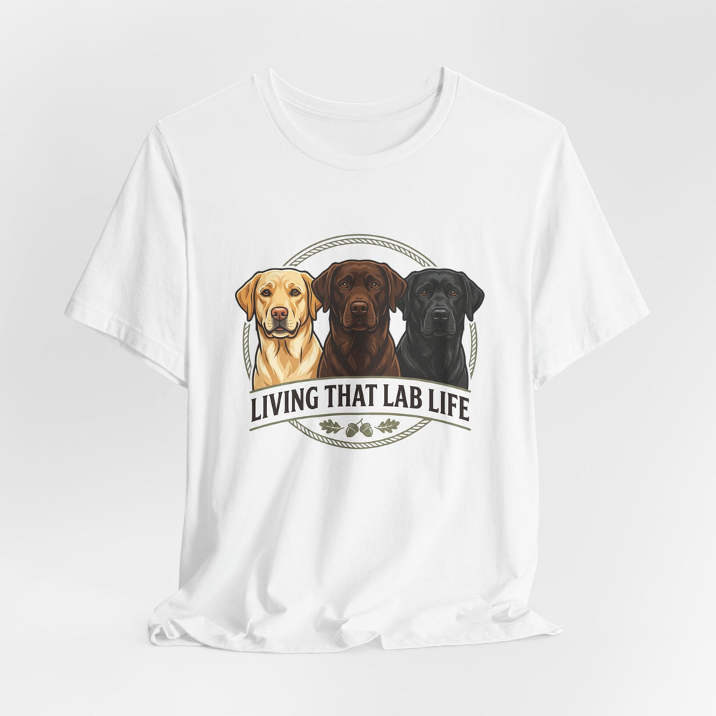 T-shirt "Living That Lab Life" — Tee-shirt à motif Labrador jaune, chocolat et noir