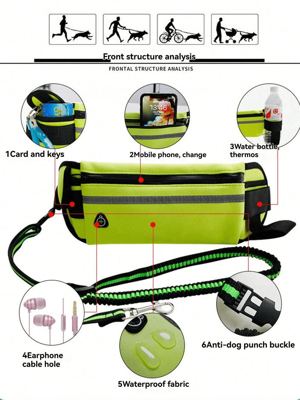 Hands Free Dog Leash Elastic Waist Belt with Bag Reflective