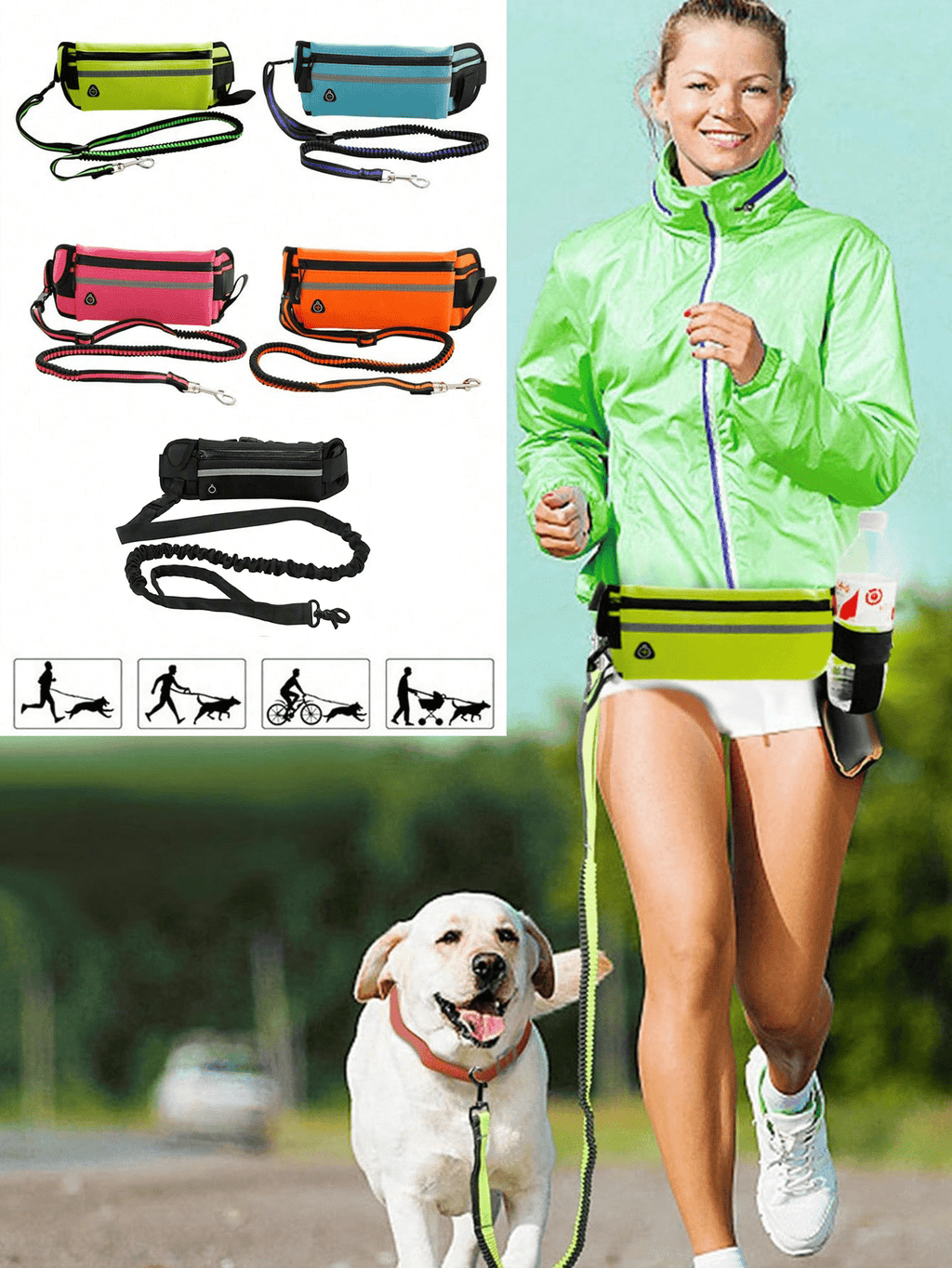 Hands Free Dog Leash Elastic Waist Belt with Bag Reflective