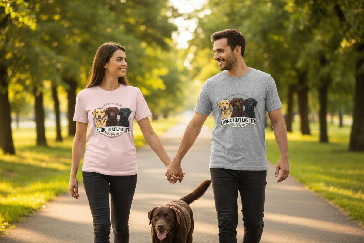 T-shirt "Living That Lab Life" — Tee-shirt à motif Labrador jaune, chocolat et noir
