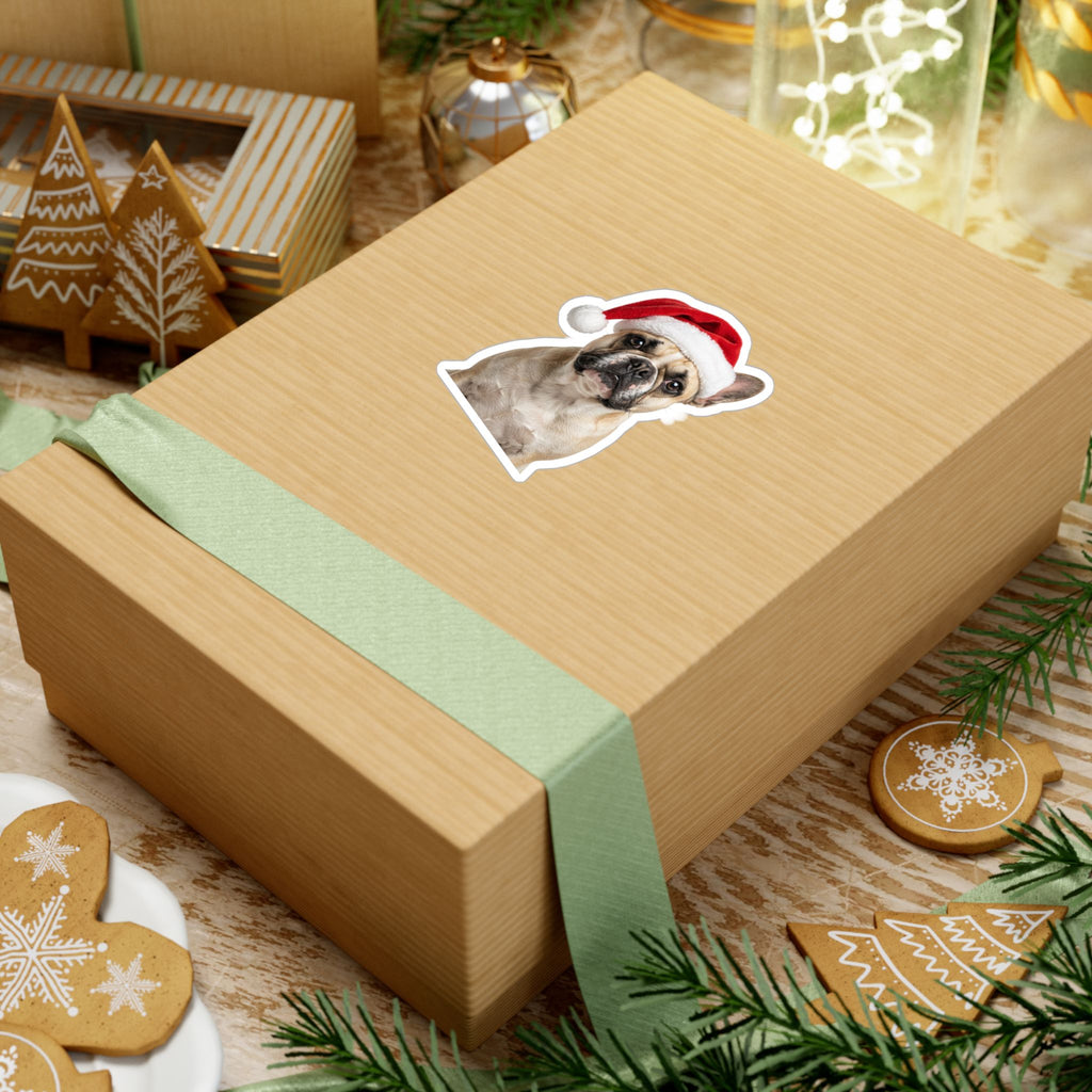 Personalized Dog Christmas Sticker — Santa Hat Kiss-Cut Vinyl Decal