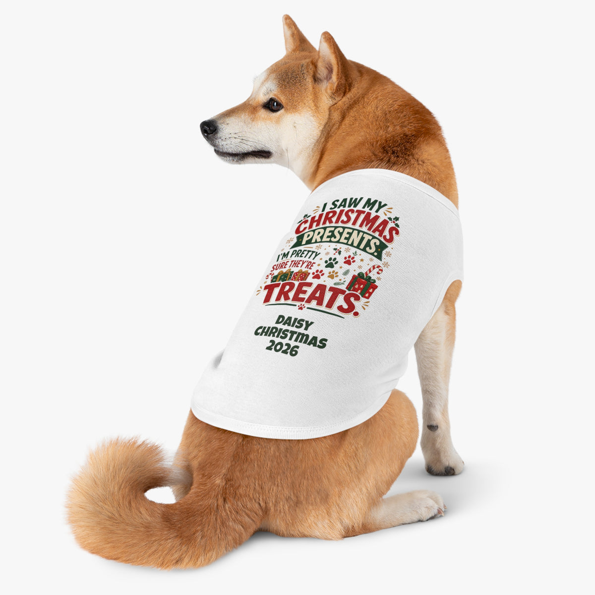 Pet Top — "I Saw My Christmas Presents... Treats!" Personalized Dog Christmas Tank (Custom Name & Year)