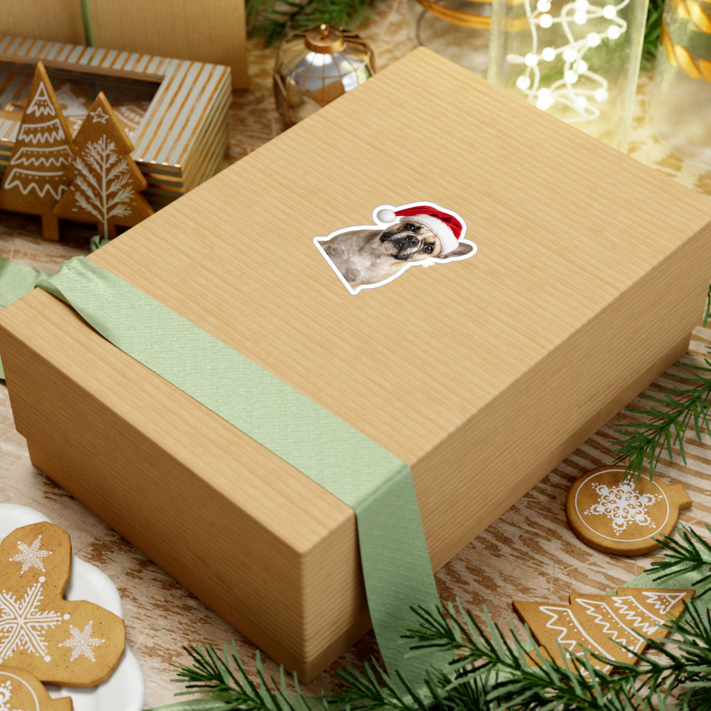 Personalized Dog Christmas Sticker — Santa Hat Kiss-Cut Vinyl Decal