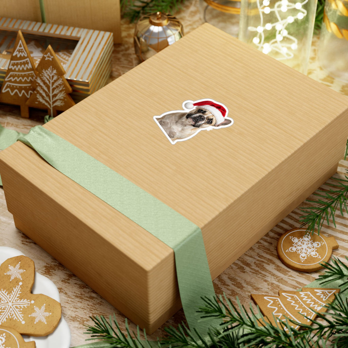 Personalized Dog Christmas Sticker — Santa Hat Kiss-Cut Vinyl Decal