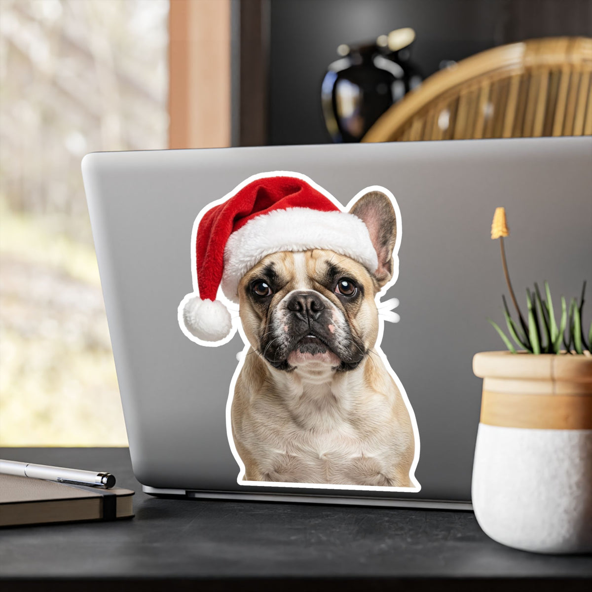 Personalized Dog Christmas Sticker — Santa Hat Kiss-Cut Vinyl Decal