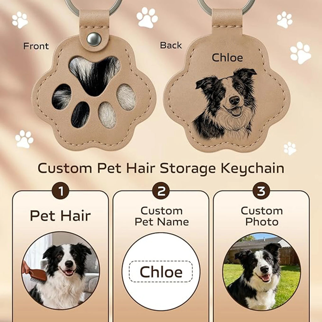 Custom pet hair storage keychain with pet's name and photo on a beige background