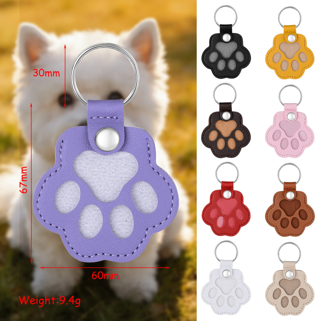 Purple paw-shaped keychain with measurements and color options displayed.