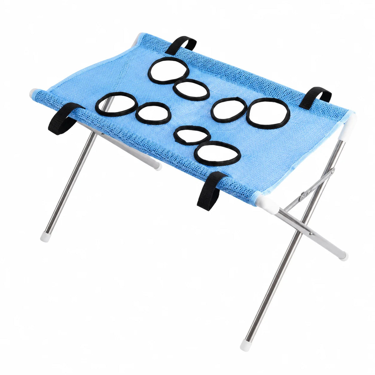 A portable folding towel bench with a light blue textured fabric seat, black straps, and a silver metal frame, shown on a plain white background.
