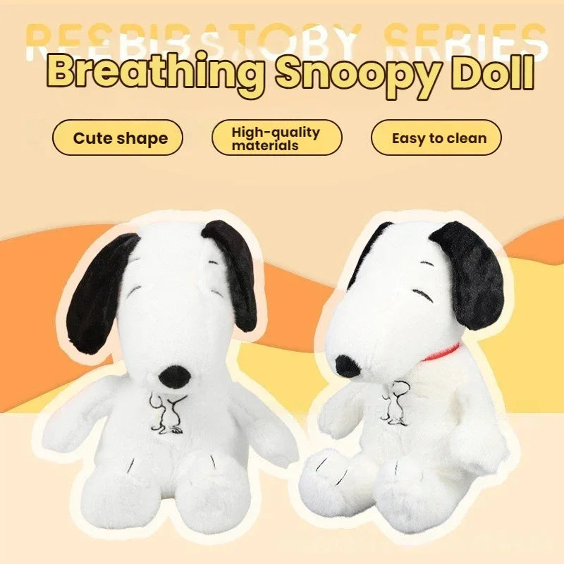 Two white plush dogs with black ears on a peach background, labeled as 'Breathing Snoopy Doll' with features like cute shape, high-quality materials, and easy to clean.