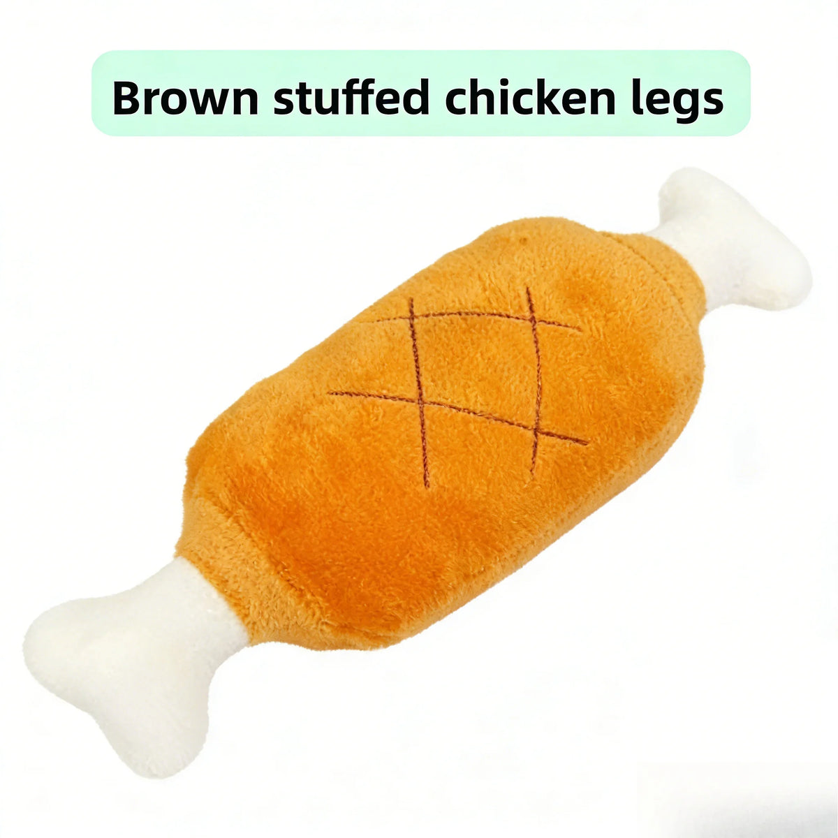 A plush stuffed chicken leg toy in brown and white, shown on a white background with the text 'Brown stuffed chicken legs' at the top.