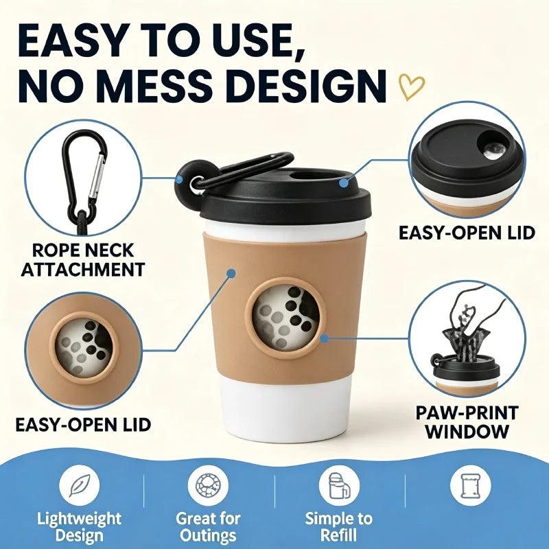 Coffee cup with features highlighted for easy use and no mess design.