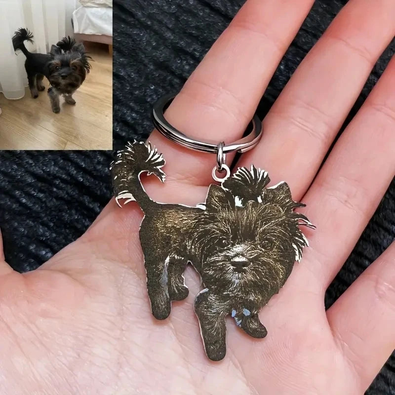 Dog-shaped keychain held in a hand with a small inset photo of a dog.