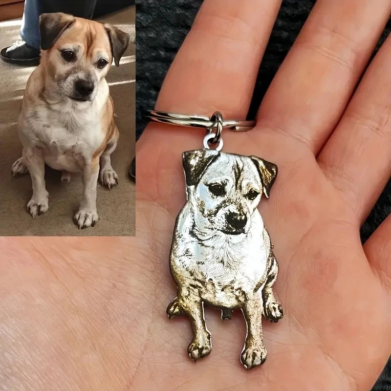 Dog keychain shaped like a dog with a small inset photo of the actual dog.