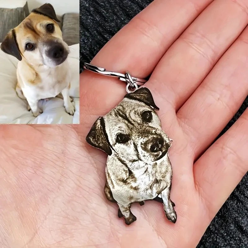 Dog keychain shaped like a dog with a photo of a real dog on the left.