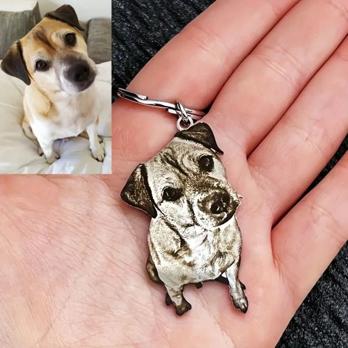 Dog keychain shaped like a dog with a photo of a real dog on the left.