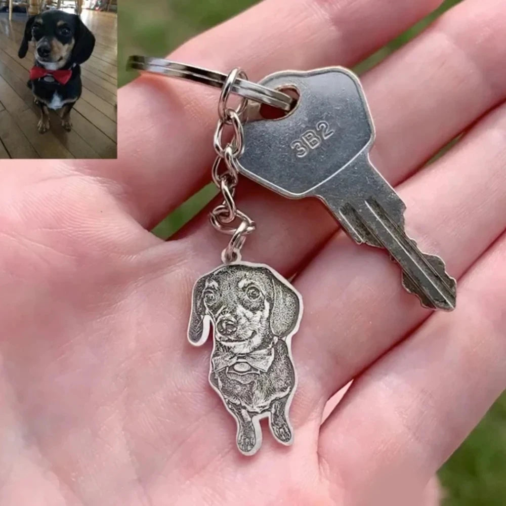 Keychain with dog charm and key on a hand, with a small inset of a dog wearing a bow tie.