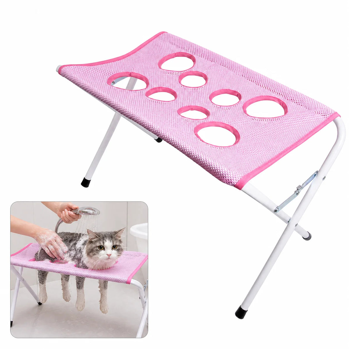 Pink mesh pet grooming table with a white metal frame, shown on a white background with a small inset photo demonstrating a cat being brushed on the table.