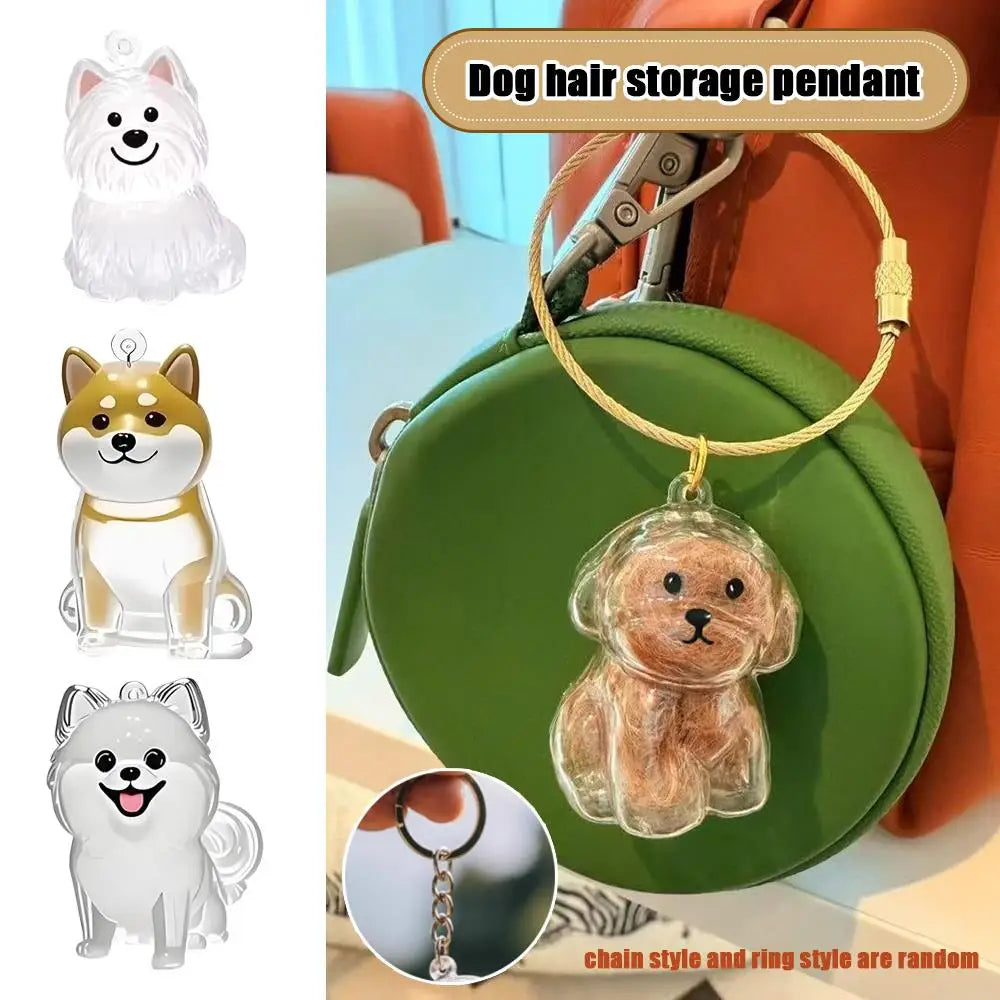 Dog hair storage pendant with dog-shaped keychain on a green bag.
