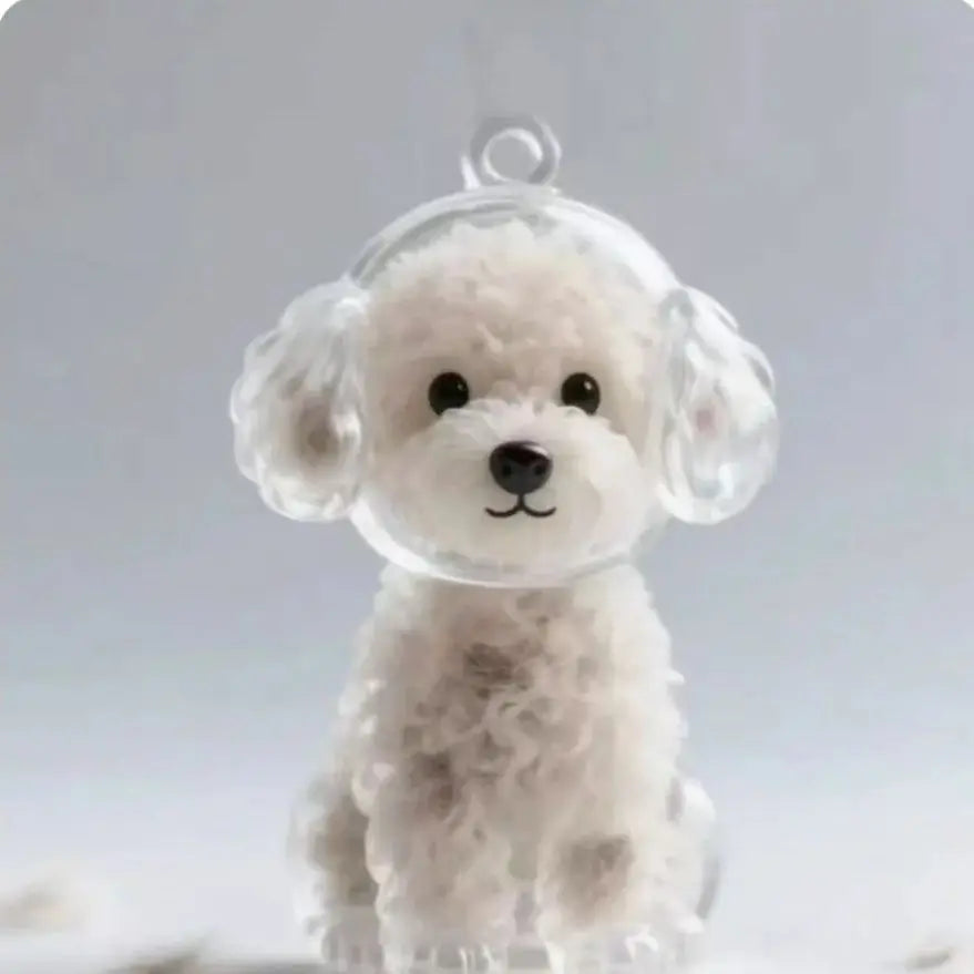 White plush dog toy with a clear bubble on a light gray background