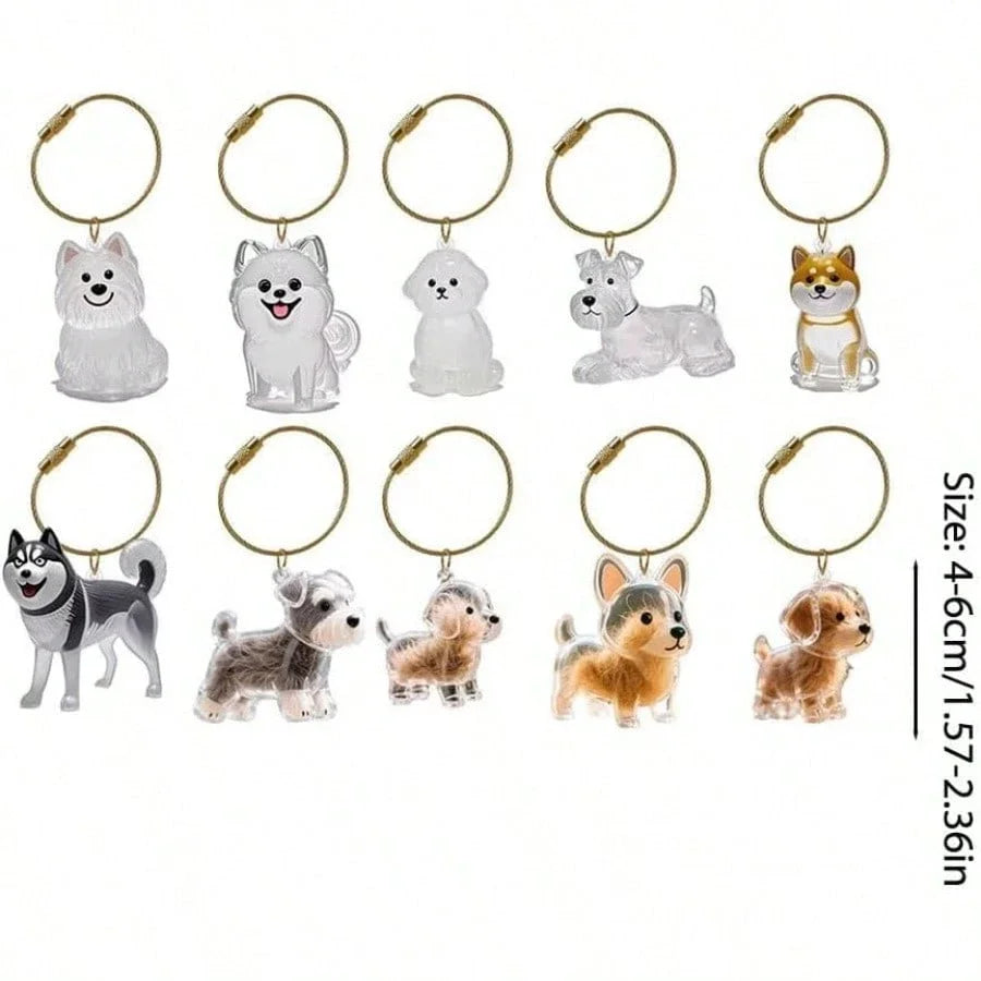 Set of dog-shaped keychains on a white background with size measurement.