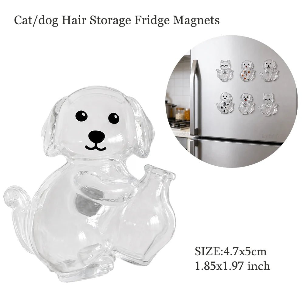 Dog-shaped cat/dog hair storage fridge magnet with a close-up of it on a refrigerator.