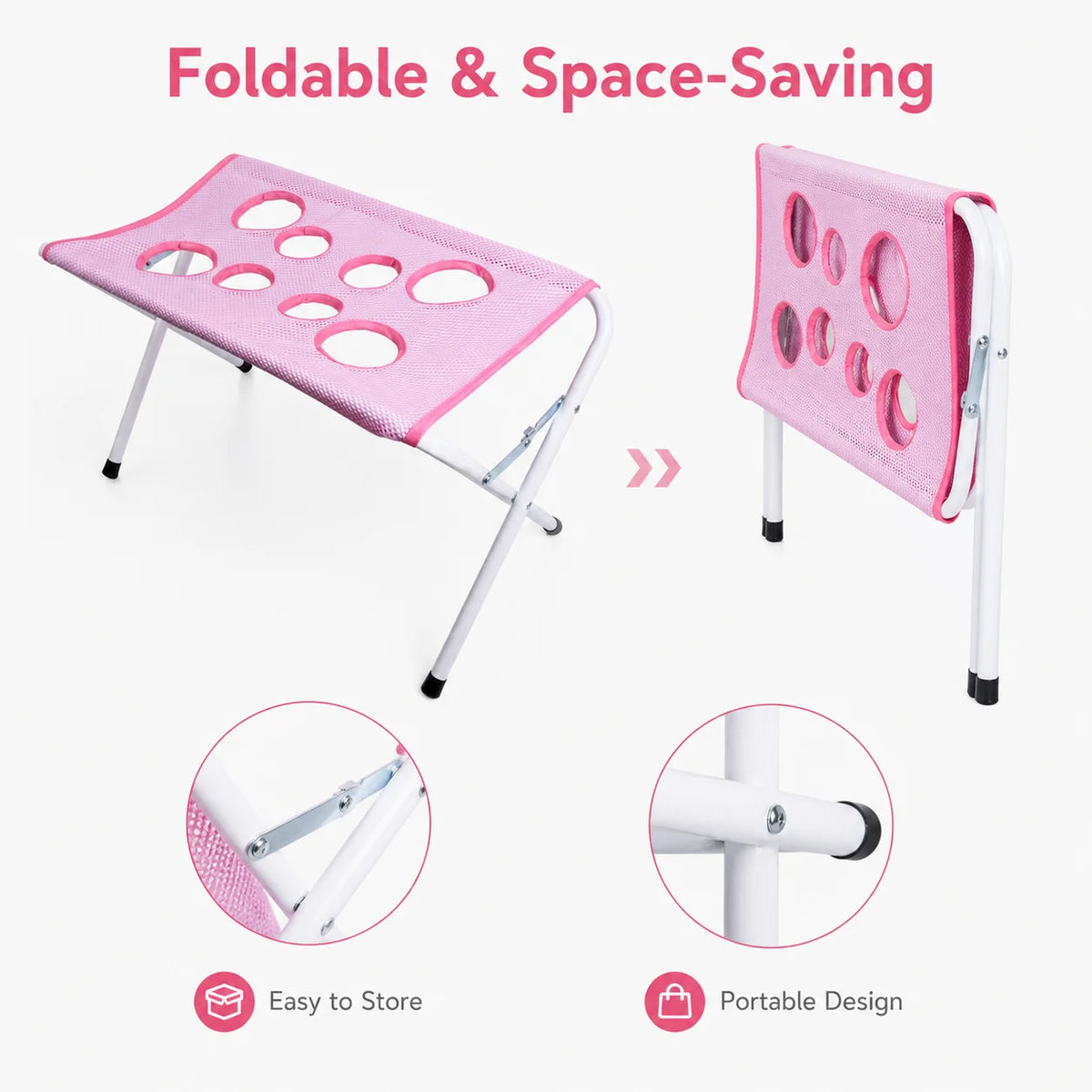 Pink foldable portable stool with white metal legs, shown in open and folded positions on a light gray background with text reading 'Foldable & Space-Saving' and feature callouts.