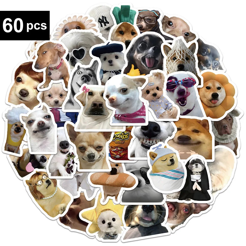 Collection of 60 dog-themed stickers on a white background