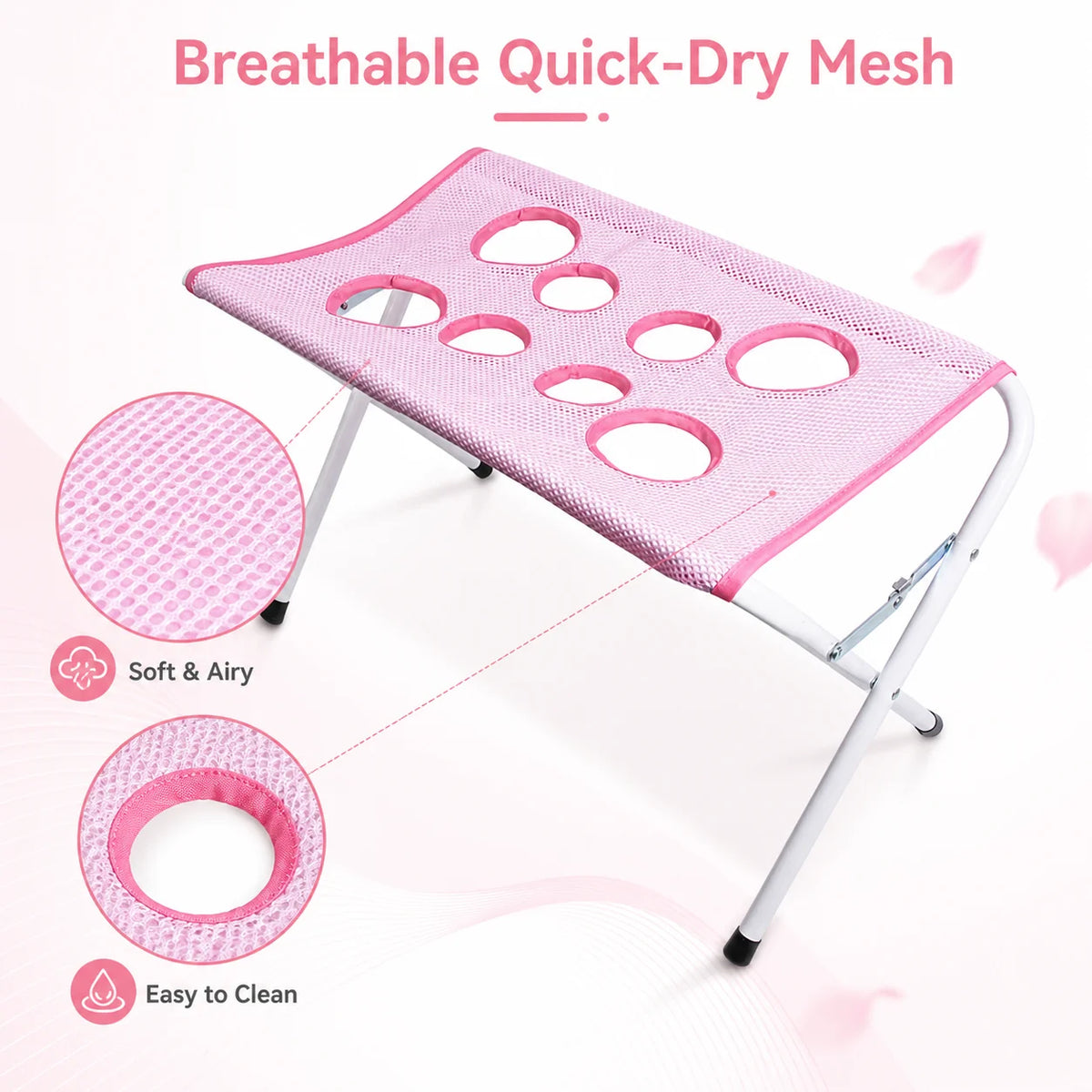 Pink mesh folding table with circular ventilation holes and white metal legs, shown on a light background with text reading 'Breathable Quick-Dry Mesh' and two circular inset detail views labeled 'Soft & Airy' and 'Easy to Clean'.