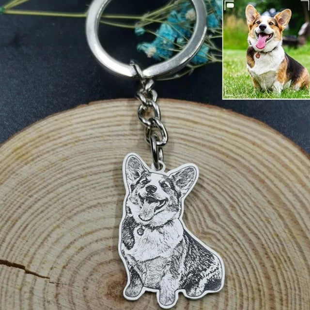 Keychain with a dog pendant on a wooden surface