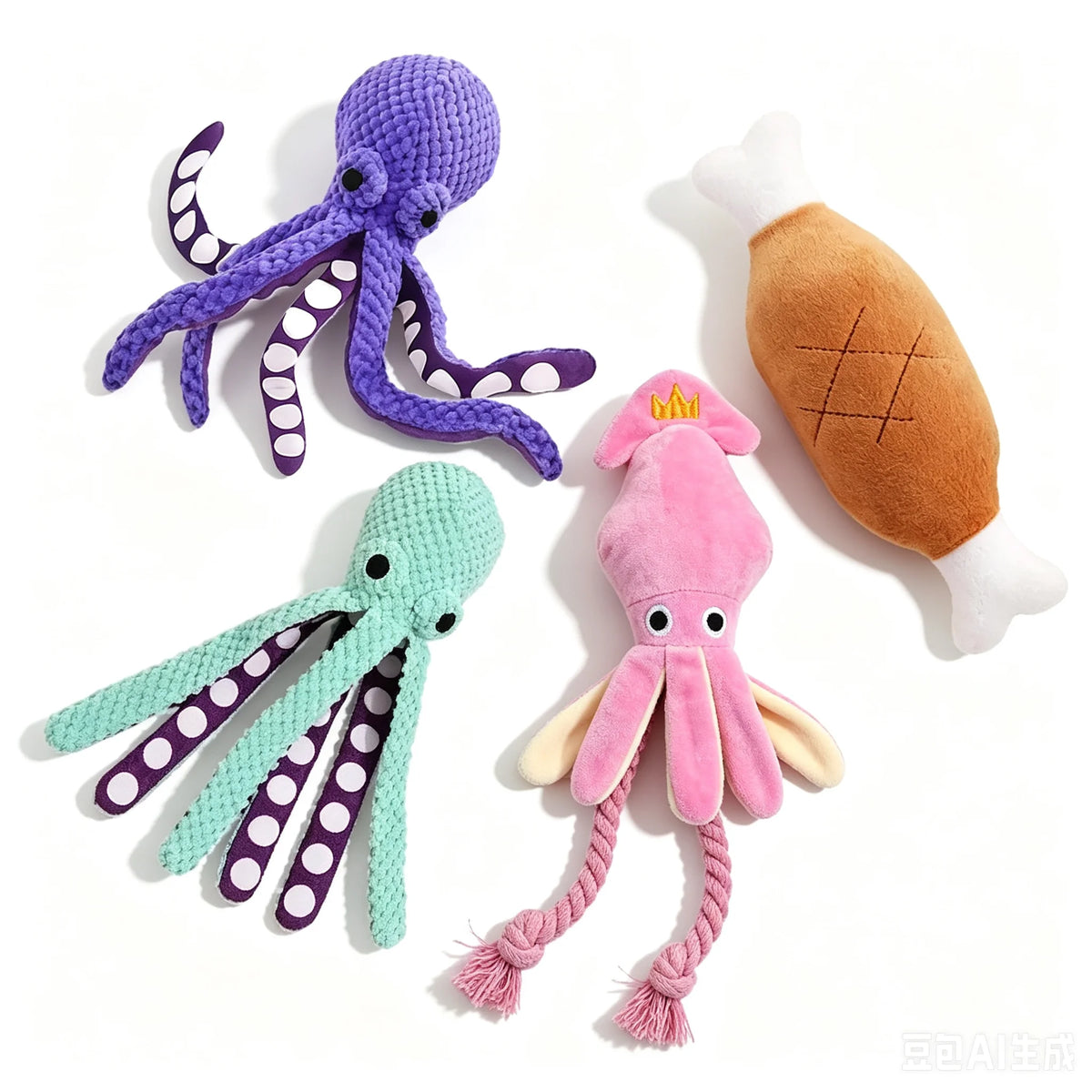 Four knitted dog toys arranged on a white background: a purple octopus, a mint green octopus with purple polka-dot tentacles, a pink octopus with cream tentacles, and a brown chicken leg toy with a white tail.