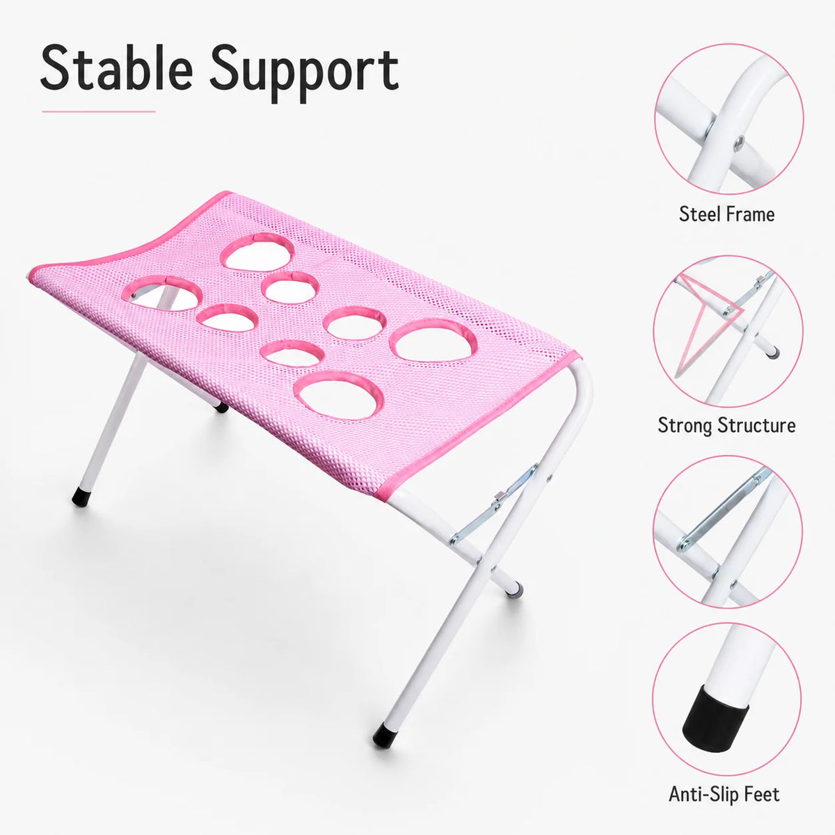 Pink mesh folding table with six circular cutouts and a white metal frame, shown on a light gray background with feature callouts including 'Stable Support,' 'Steel Frame,' 'Strong Structure,' and 'Anti-Slip Feet.'.
